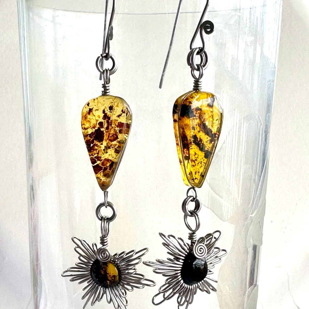Amber  Earrings Wire wrapped 2 1/2” long shoulder dusters
